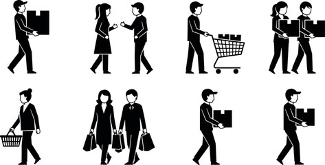 Black and white vector icons of people shopping, carrying boxes, delivery service, retail activity, consumer behavior, logistics and commerce