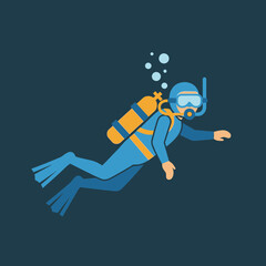 Diver swims underwater with scuba gear and bubbles.