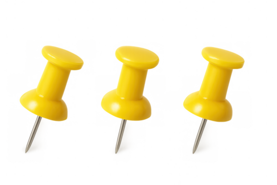 Three yellow pushpin thumbtacks for office supplies and stationery, holding important notes, transparent background