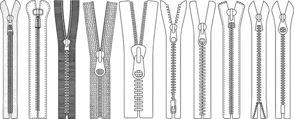 Different zipper types collection flat CAD drawing, detailed vector illustration of fashion hardware elements for clothing, bag, and accessory design