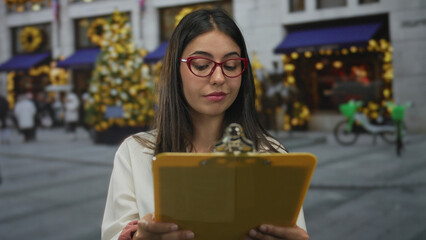 Young hispanic woman on street reading clipboard outdoor with festive decorations in background glasses calm focused expression holiday atmosphere urban scene