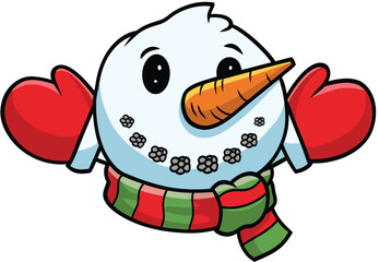 Obraz premium Cute cartoon snowman with red mittens and a striped scarf wearing a carrot nose and button eyes