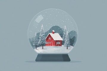 Cozy red cabin nestled in a snowy winter forest scene inside a festive christmas snow globe