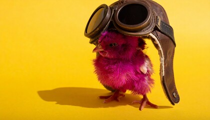 Fototapeta premium Magenta Chick Ready for Takeoff in Vintage Aviator Helmet and Goggles on Bright Yellow Background