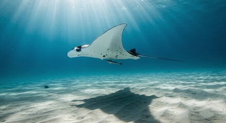 Majestic Manta Ray Gliding Over a Sandy Seabed with Dramatic Sun Rays