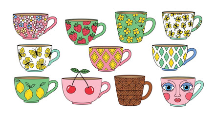 A Collection of Whimsical Ceramic Mugs with Various Decorative Patterns and Designs