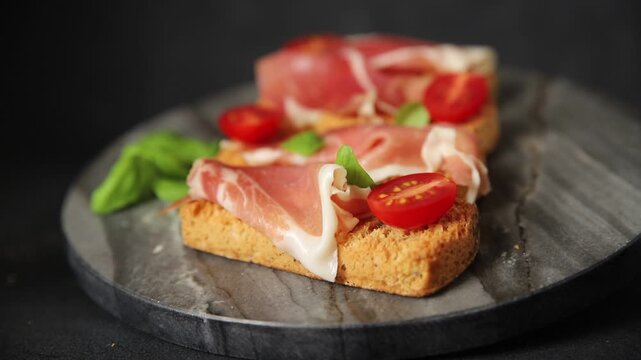 jamon bruschetta prosciutto appetizer portioned tapas dish natural tasty snack fresh delicious gourmet food background on the table rustic top view copy space