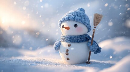 Adorable little snowman wearing a blue knitted hat and scarf stands in a snowy winter landscape with falling snowflakes