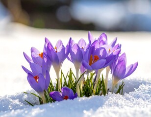Delicate purple flowers blooming through snow under sunlight