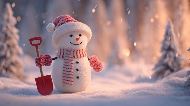 Charming snowman wearing a striped hat and mittens holding a red shovel in a snowy winter forest - Powered by Adobe