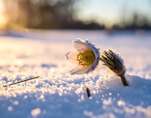 Delicate flower blooms with frost in the bright, golden hour snow