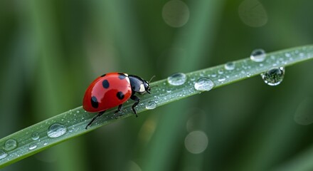 Obraz premium Natural Contrast: Bright Red Insect Against a Lush Green, Blurred Background