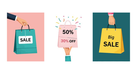 A set of three vector illustrations featuring hands holding colorful shopping bags with sale, big sale, and percentage off discount signs