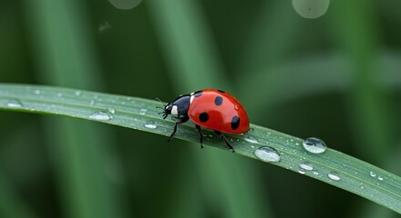 Obraz premium Close-Up Detail of a Ladybird Beetle (Coccinellidae) with Water Droplets at Dawn