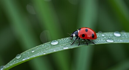 Fototapeta premium Macro Wildlife: Vibrant Red Ladybug Crawling on a Wet Blade of Grass with Dewdrops