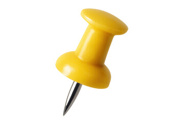 Yellow plastic pushpin, office stationery item with sharp metal pin, isolated on transparent background