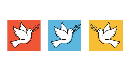 Three stylized graphic doves gracefully flying, each carrying an olive branch, embodying universal peace, hope, and freedom on colorful backdrops