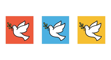 A set of three colorful icons featuring a white dove of peace with an olive branch, representing hope and freedom