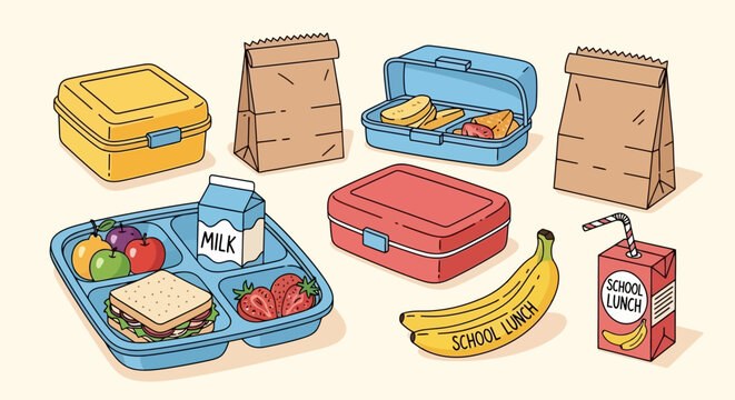 A colorful hand-drawn illustration featuring a variety of classic school lunch items, including a packed cafeteria tray, lunch boxes, and paper bags