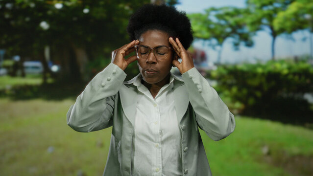 Woman in park holding head appearing stressed in an outdoor setting with greenery in the background. - Powered by Adobe