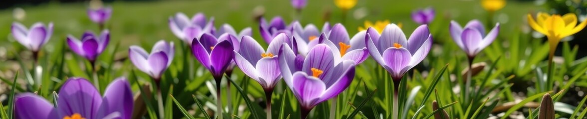 Symmetrical crocus vernus bloom in a sun-drenched meadow, a vibrant sign of spring's arrival, nature, new life