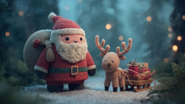 Adorable knitted santa claus and reindeer with a sleigh full of gifts in a magical winter forest setting