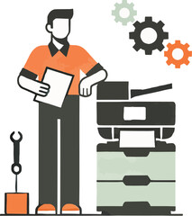 Man with clipboard next to copier and gears printer