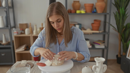 Blonde woman sculpts a ceramic vessel with her hands on a spinning pottery wheel in a studio; serenity.