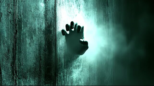 A haunting hand emerges from a textured wall, shrouded in mist.