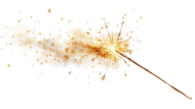 Watercolor sparkler with golden glitter and sparks, transparent background