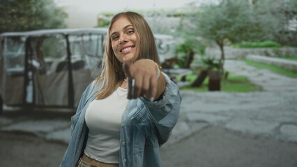 Woman in denim shirt winks and holds remote pointing at camera on urban street; playfulness invitation.