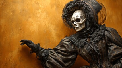 Halloween horror fashion: woman's fearful pose in spooky skull dress. Professional photo. Terrified woman in unique skull costume on yellow background. Rule thirds. Advertising photo.