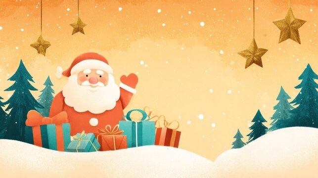 Whimsical santa claus with presents and festive trees in a snowy winter wonderland with twinkling stars