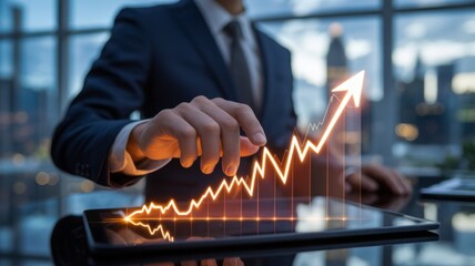 Executive Hand Tracing an Upward Glowing Stock Market. stock trader hand in a dark suit, touching and tracing a vibrant, glowing orange stock market line graph as it trends sharply upwards