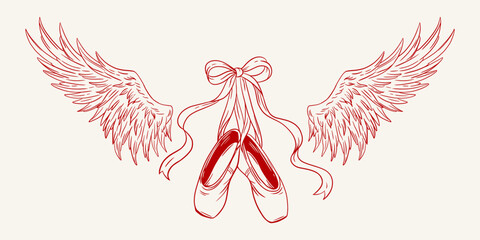 Coquette Balletcore. Pointe shoes with ribbon bow and angel wings. Elegant romantic vintage line art for logos, stickers, tattoos, ballet school decor © Alina Kolyuka