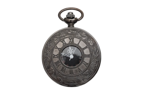 Ornate vintage pocket watch showing roman numerals and decorative engraving with a transparent background