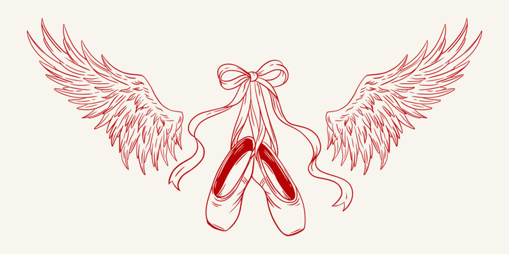 Coquette Balletcore. Pointe shoes with ribbon bow and angel wings. Elegant romantic vintage line art for logos, stickers, tattoos, ballet school decor