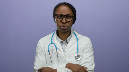 Fototapeta premium Female doctor with stethoscope standing against purple background in a medical coat, displaying a professional demeanor.