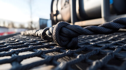 Detailed, close-up view of a knotted heavy-duty rope laying on a cargo net. The rope and net are dark in color, contrasting with a blurred background, hinting at a secure industrial setting.