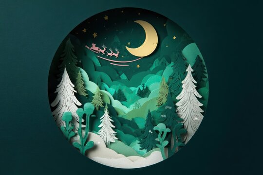 Enchanting oval winter forest scene with a crescent moon and santa s sleigh flying through the starry night sky - Powered by Adobe