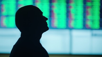 Side profile silhouette of trader against green stock boards, shallow depth of field bokeh