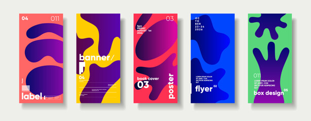 A vibrant collection of modern graphic designs featuring abstract shapes and bold colors. Each piece showcases unique layouts suitable for labels, banners, book covers, posters, and flyers.  