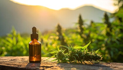 Amber bottle and plant against a backdrop of green vegetation and sun