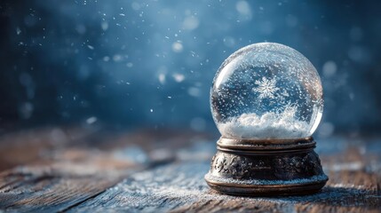 Magical winter snow globe with swirling snowflakes and frosted glass on a rustic wooden surface during a snowfall