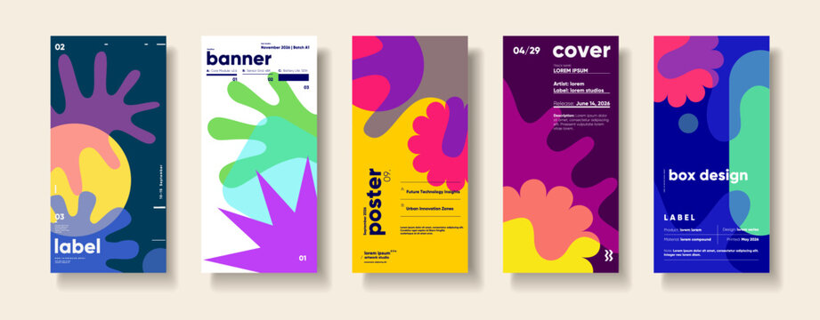 A vibrant collection of modern abstract design templates featuring bold colors and dynamic shapes. Ideal for creative projects, these layouts include banners, posters