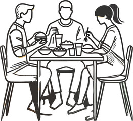 Three people eating at a table with food and drinks