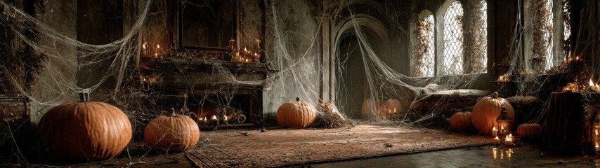 Obraz premium Dark corners and shadows: halloween's enchanting home decorations. Opulent look. An enchantingly creepy interior with halloween's iconic ornaments. Luxury apparel. Glam lookbook.