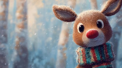 Adorable plush reindeer with bright red nose and festive scarf peeking out from a snowy winter forest background