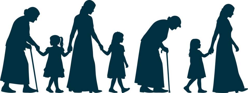 Silhouettes of women and girls depicting stages of life from youth to old age silhouette