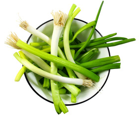 fresh green onions with root in bowl isolated, top view, cutout in transparent background, png format